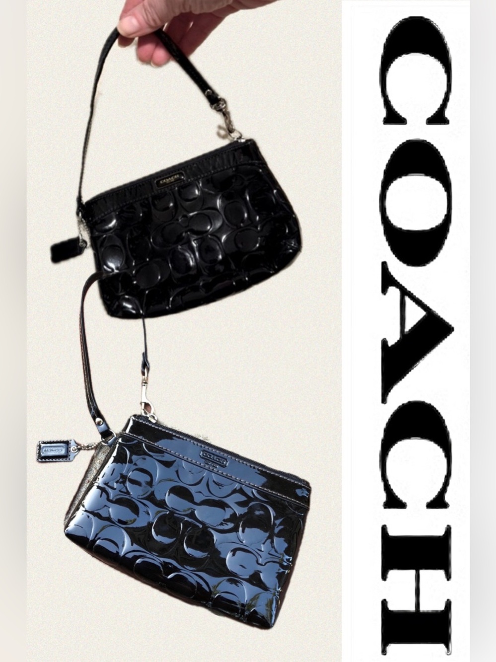 Coach Black Patent Leather logo convertible wristlet - fits iPhone